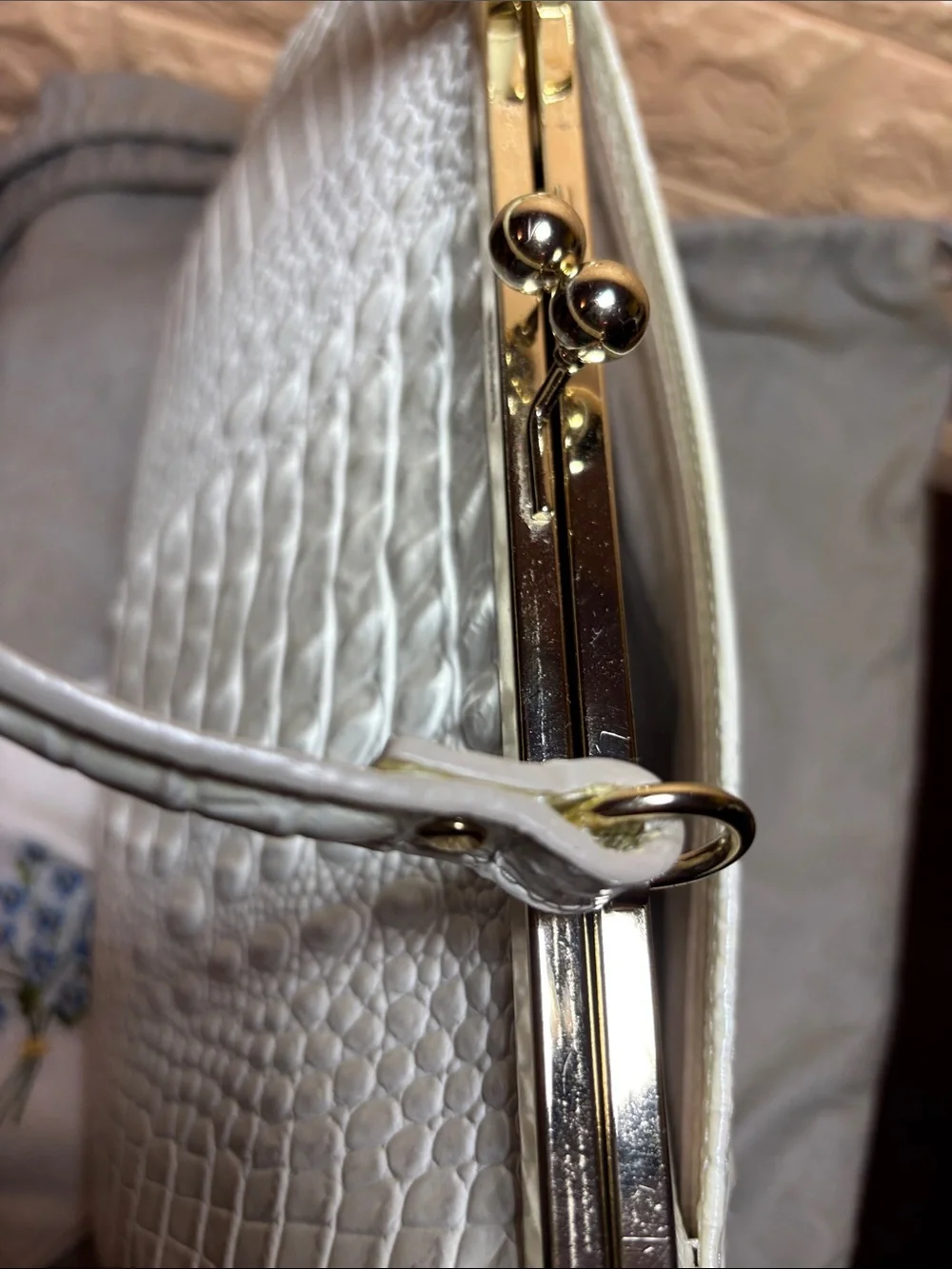 Brahmin White Pearlescent Croc-Embossed Kiss Lock Frame Satchel with Top Handle